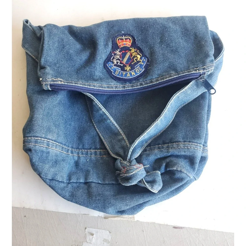 Vintage 90s Gitano Denim Shoulder Bag Crest Patch Drawstring Large Y2K Boho Hipp